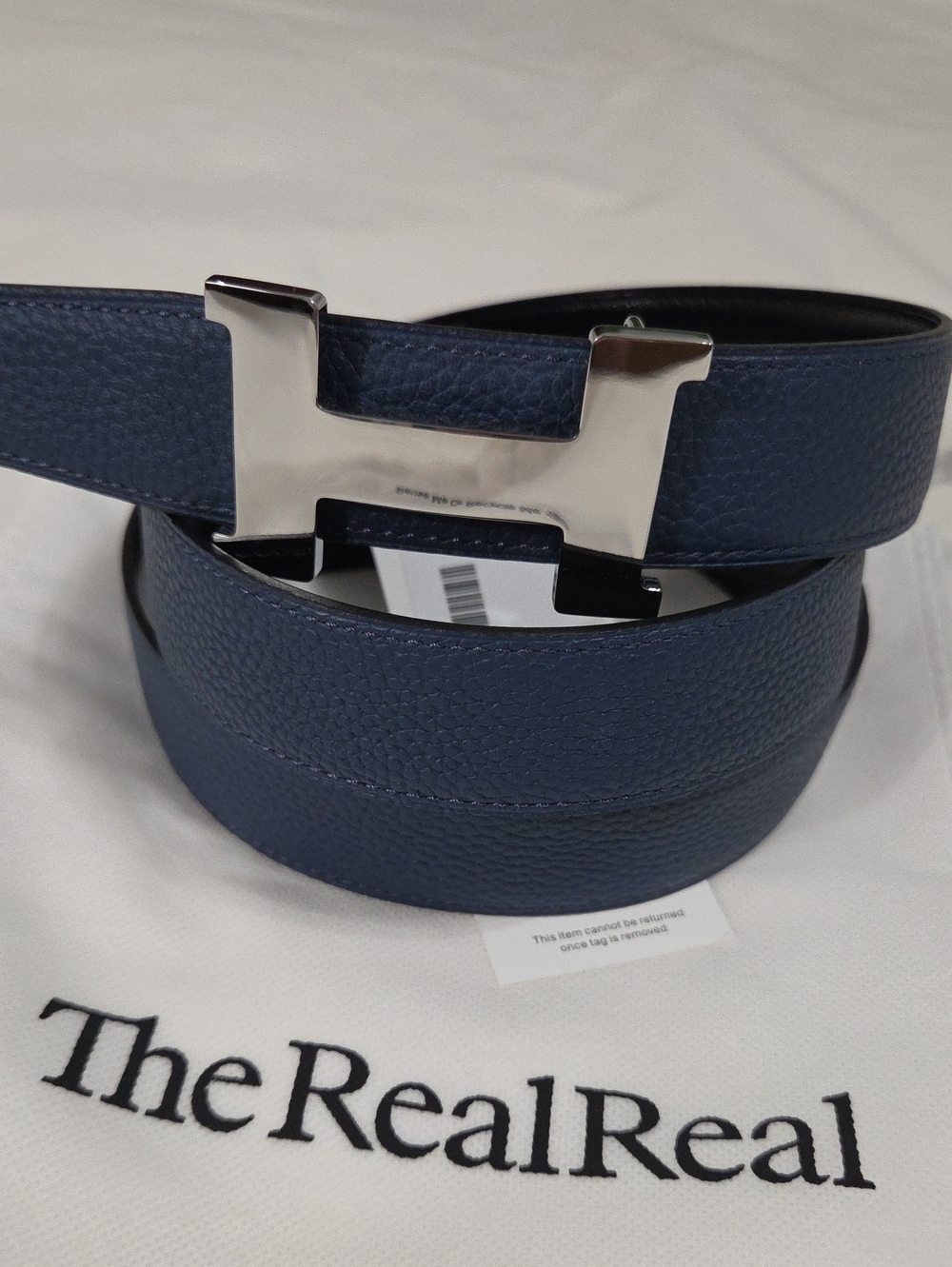 Hermes Reversible Blue & Black Leather Silver H Buckle Belt